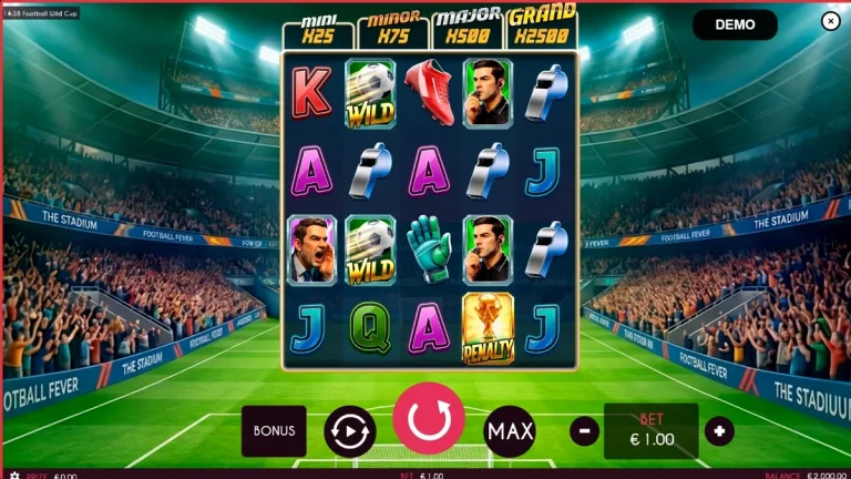 Tampilan visual slot Football Wild Cup dengan latar belakang stadion sepak bola yang megah