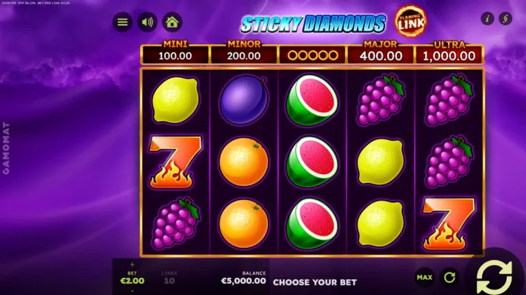 Tampilan visual slot Sticky Diamonds Flaming Link dengan latar belakang badai petir dan simbol buah klasik.